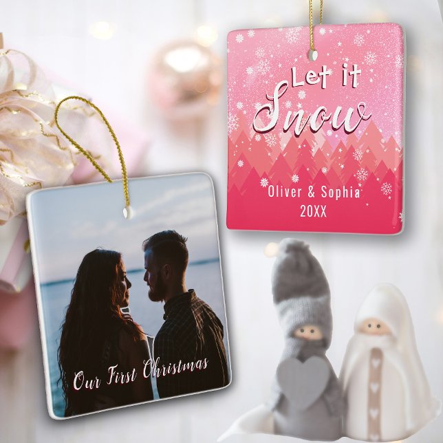 Rosa Låt det snöa första julfoto Julgransprydnad Keramik (Skapare uppladdad)