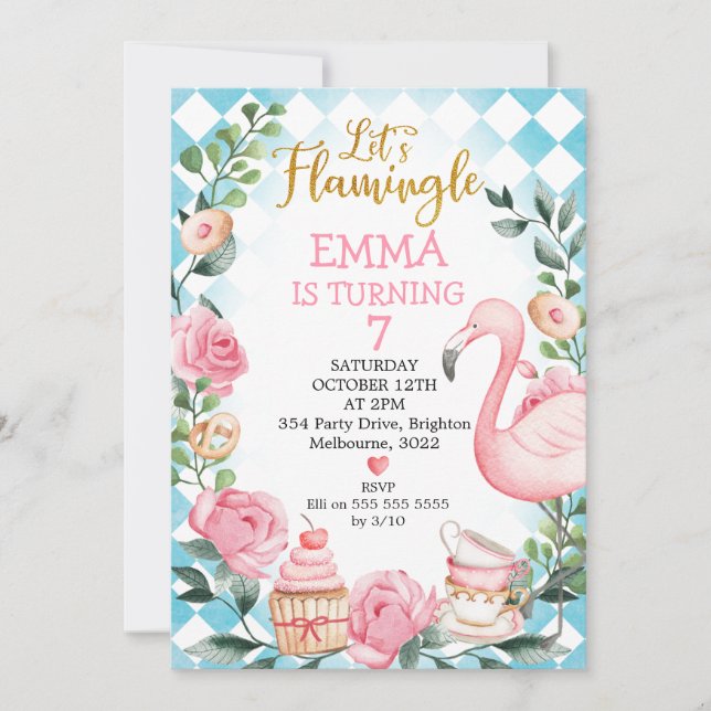 Rosa Låt oss Flamingle Wonderland Birthday Inbjudningar (Framsida)