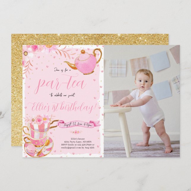 Rosa Låt oss Par-tea Tea Födelsedagsfest Photo Inbjudningar (Fram/baksida)