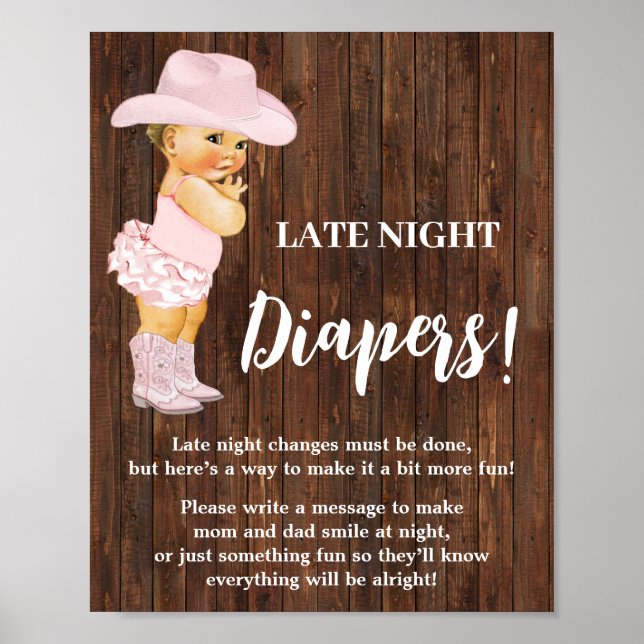 Rosa Late Night Diaper Game Cowgirl Baby Shower Poster (Framsidan)