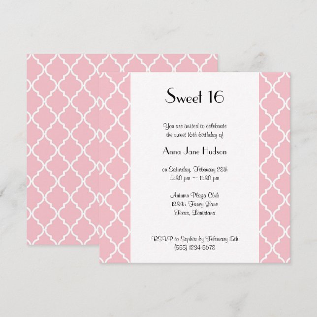 Rosa Latticwork, Quatrefoil, Trellis, Sweet 16 Inbjudningar (Fram/baksida)