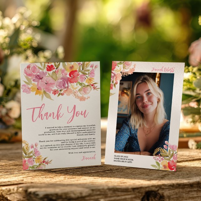 Rosa Lavendel Akvarell Blommig Foto Examen Tack Kort (Pink Lavender Watercolor Floral Photo Graduation Thank You Card)