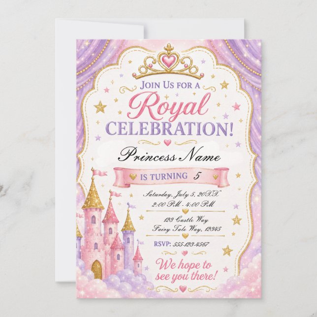 Rosa Lavendel Prinsessa Inbjudan (Framsida)