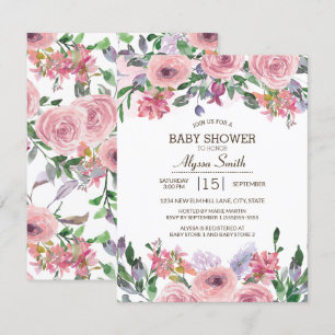 Rosa lavendel vattenfärg vår floral baby shower inbjudningar