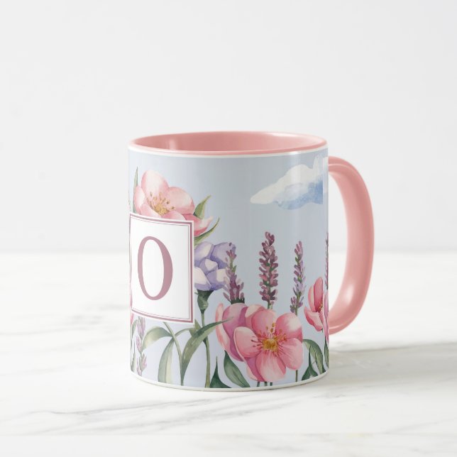 Rosa lavendelblommor Rosa O Monogram Kombimugg Mugg (Framsida höger)