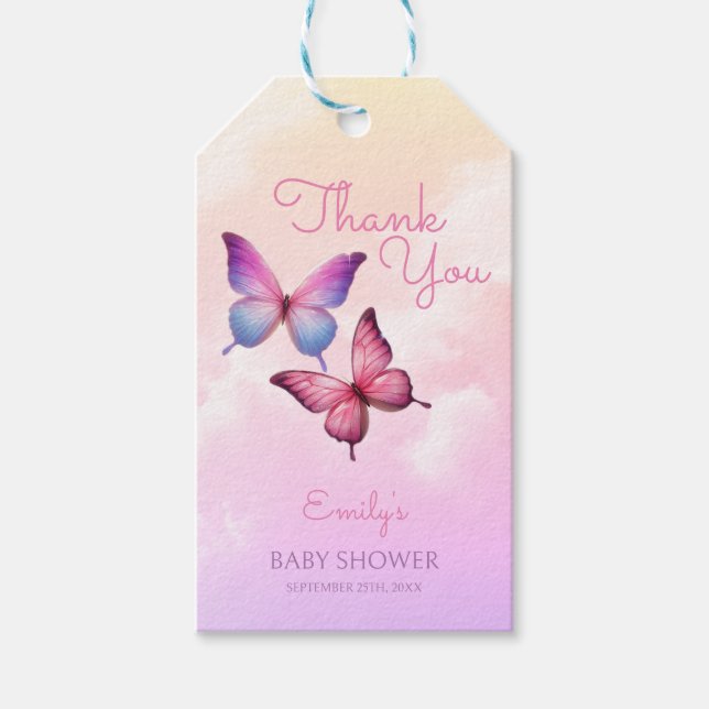 Rosa Lavender Butterfly Girl Baby Shower Presentetikett (Framsidan)