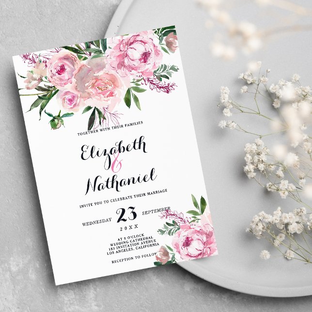 Rosa Lavender coral grönt blommigt bröllop Inbjudningar (Pink lavender coral green floral theme wedding)
