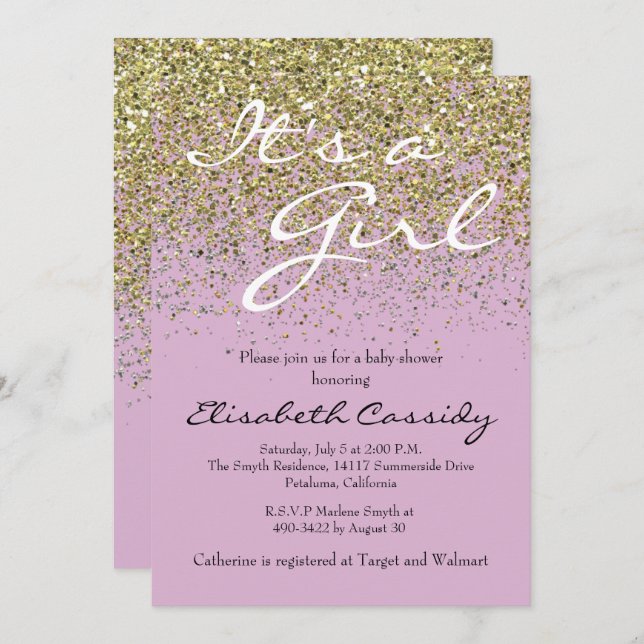 rosa Lavender & Guld Glitter Baby Shower Inbjudan (Fram/baksida)