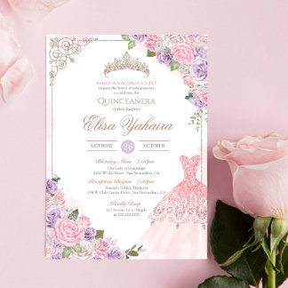 Rosa Lavender Lila Elegant Quinceanera Inbjudningar