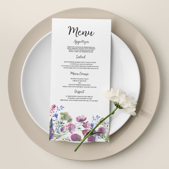 Rosa lavender lila wildblomma Bröllop Menu Program (Pink lavender purple wildflower Wedding Menu )