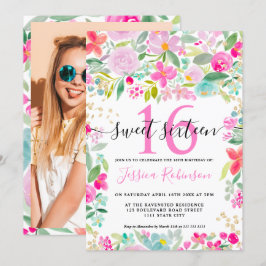 Rosa lavender lös blommigt guld skript Sweet 16 Inbjudningar