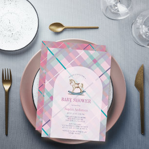Rosa Lavender Play Rocking Horse Girl Baby Shower Inbjudningar