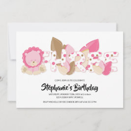 Rosa Lejona tredje Födelsedagsfest inbjudan