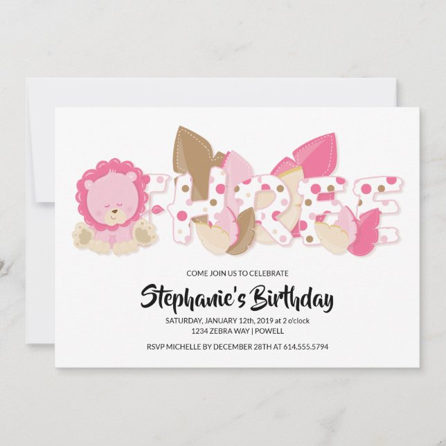 Rosa Lejona tredje Födelsedagsfest inbjudan (Framsida)