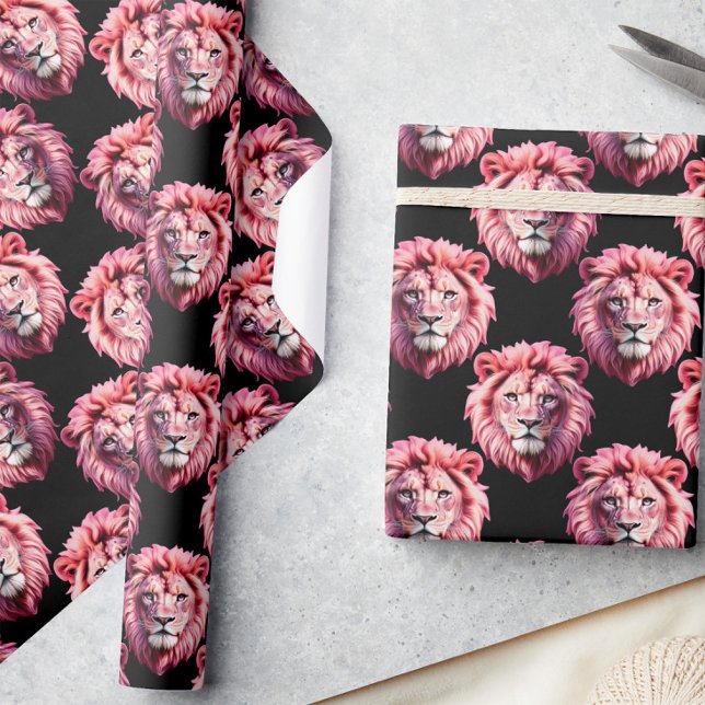 Rosa Lejonhuvud Djurmönsterdesign - Svart Presentpapper (Skapare uppladdad)