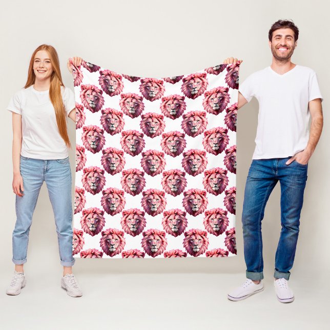 Rosa Lejonhuvud Djurmönsterdesign Vit  Fleecefilt (Skapare uppladdad)