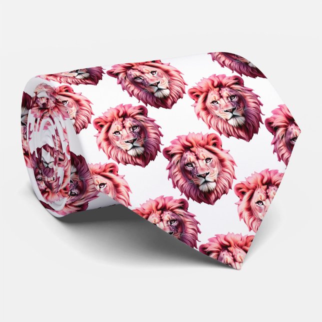 Rosa Lejonhuvud Djurmönsterdesign Vit  Slips (Skapare uppladdad)