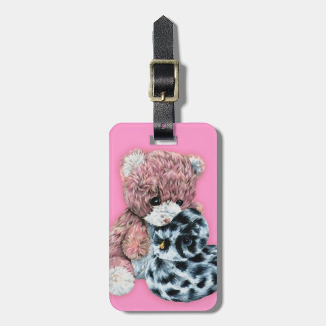 Rosa leksak teddy och anka-barn med namn på bagage bagagebricka (Vertikal Framsida)