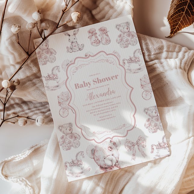 Rosa Leksak Toile De Jouy Baby Shower Inbjudningar (Skapare uppladdad)