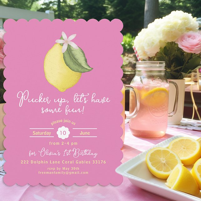 Rosa Lemon Birthday Inbjudan - Scalloped Lemonade (Skapare uppladdad)