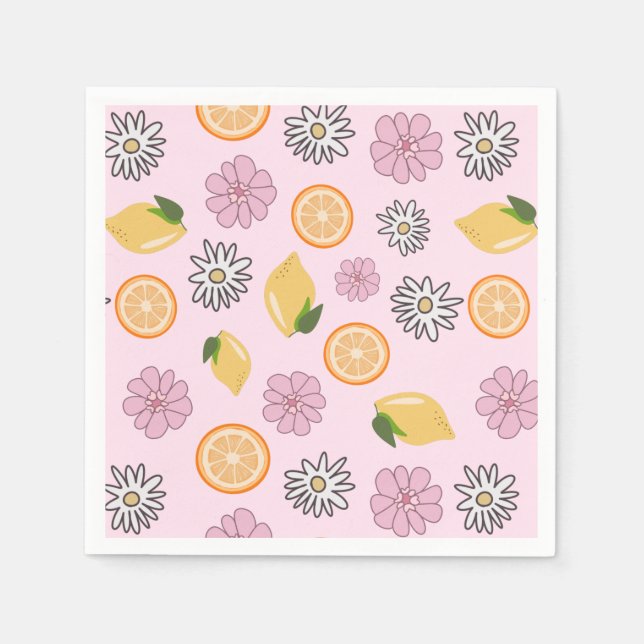 Rosa Lemon Summer Blommigt Napkins Pappersservett (Framsidan)