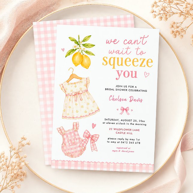 Rosa Lemonad Gingham Vattenfärg Lille Flicka Inbjudningar (Pink Lemonade Whimsical Watercolor Baby Girl Invitation)