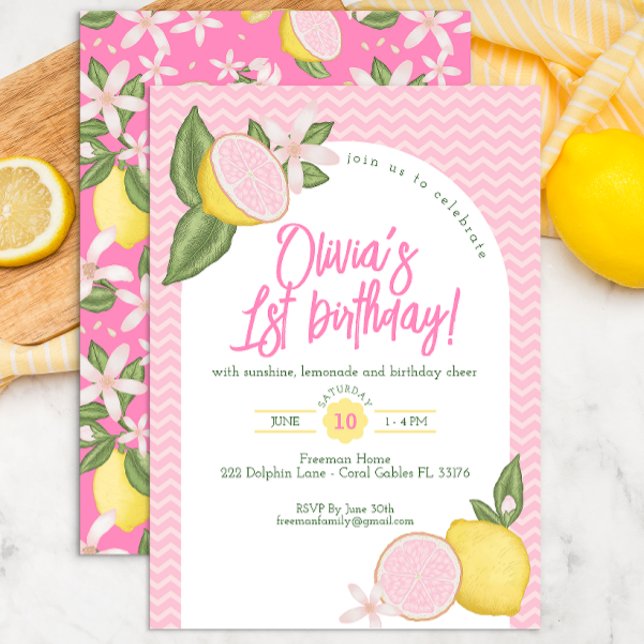 Rosa Lemonade 1:a födelsedag Party Inbjudan (Skapare uppladdad)