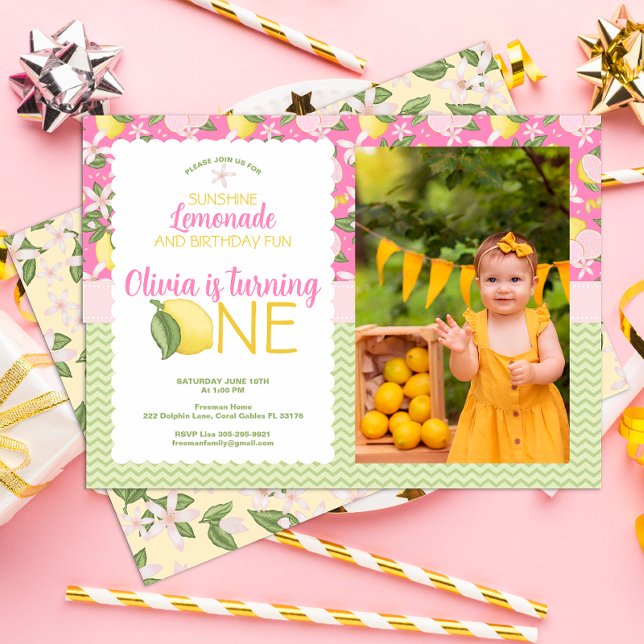 Rosa Lemonade 1:a födelsedagsinbjudan om foto Inbjudningar (Skapare uppladdad)