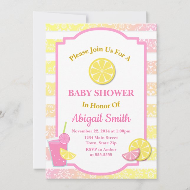Rosa Lemonade Baby Shower-inbjudan Lemon Girl Inbjudningar (Framsida)