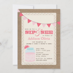 Rosa Lemonade Burlap Inspired Sip & See Flicka Inbjudningar
