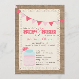 Rosa Lemonade Burlap Inspired Sip & See Flicka Inbjudningar