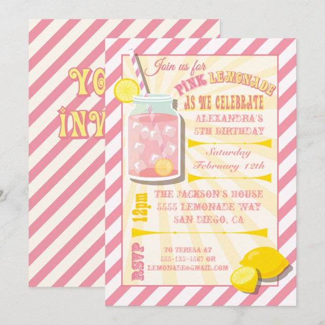 Rosa Lemonade Födelsedagsfest inbjudan (Fram/baksida)