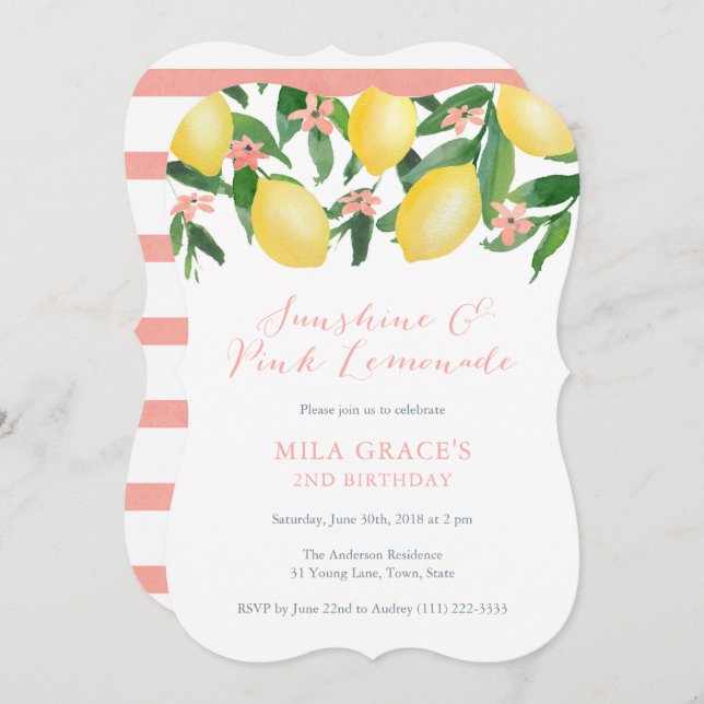 Rosa Lemonade Girl Lemons Födelsedagsfest Inbjudningar (Fram/baksida)