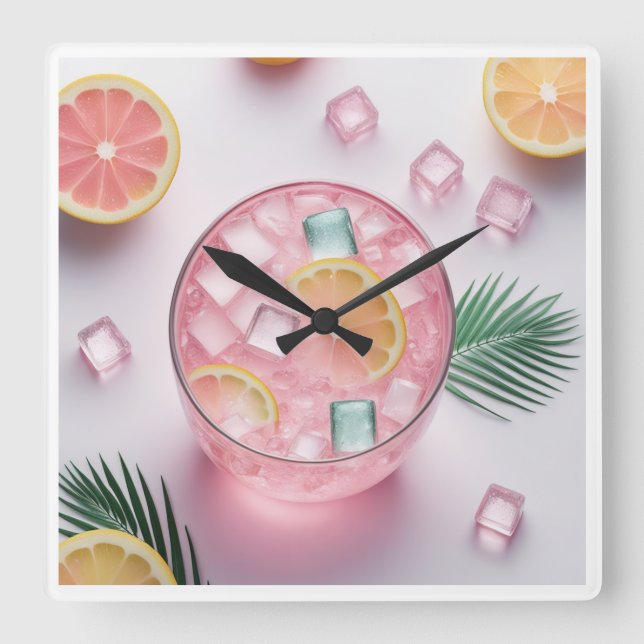 Rosa Lemonade Glass Wall Clock - Uppfriskande somm Fyrkantig Klocka (Framsida)