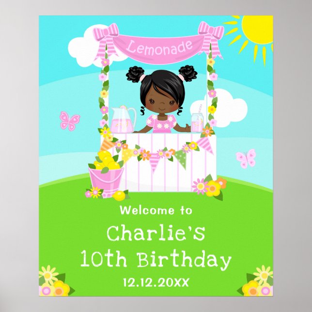 Rosa Lemonade Mörk Skin Girl Birthday Välkommen Poster (Framsidan)