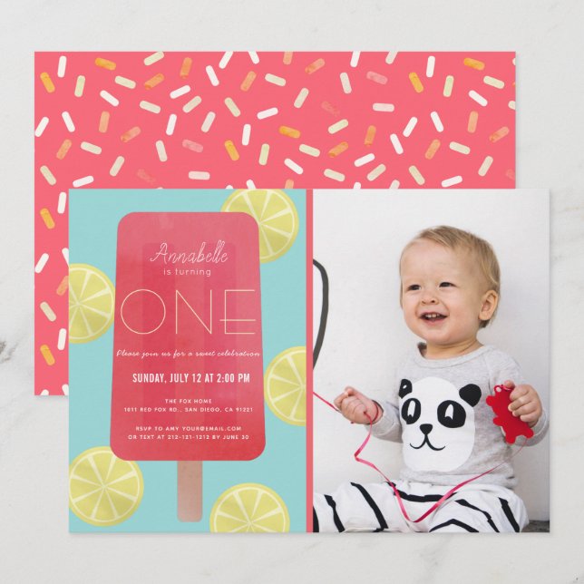 Rosa Lemonade Popsicle Girl Photo 1st Birthday Inbjudningar (Fram/baksida)