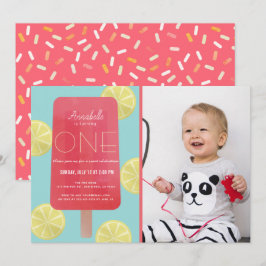 Rosa Lemonade Popsicle Girl Photo 1st Birthday Inbjudningar