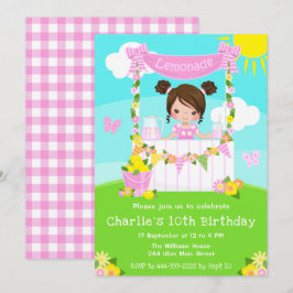Rosa Lemonade stand Birthday Brown Hair Girl Inbjudningar
