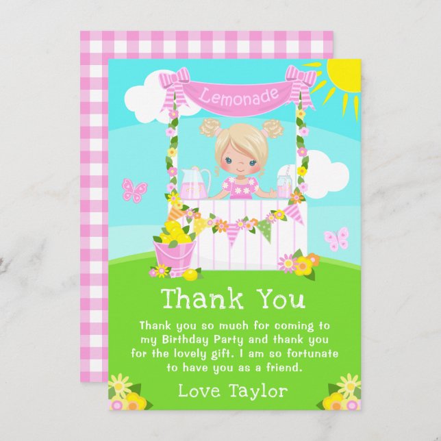 Rosa Lemonadstånd Födelsedags Blond Haj Flicka Tack Kort (Fram/baksida)