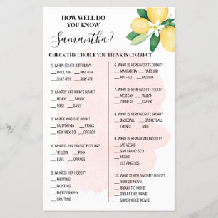 Rosa Lemons Hur bra känner du till Bride Game Card Flygblad