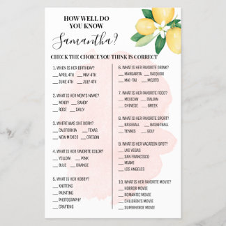 Rosa Lemons Hur bra känner du till Bride Game Card Flygblad
