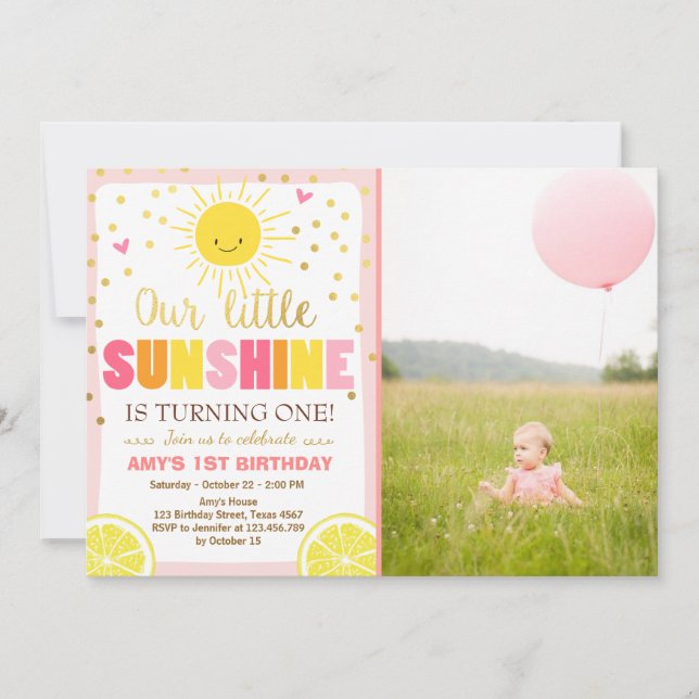 Rosa Lemons inbjudan till Sunshine Lemonade Birthd (Framsida)