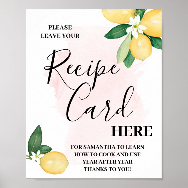 Rosa Lemons Lämna Recept Card hit Shower Sign Poster (Framsidan)