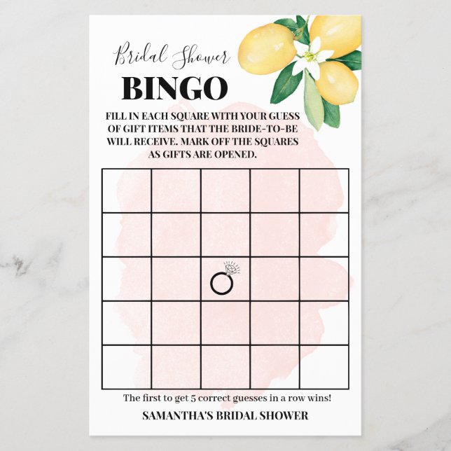 Rosa Lemons Möhippa Bingo-spelkort Flygblad (Framsidan)