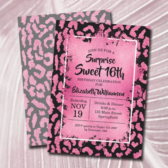 Rosa Leopard 16:e Födelsedagsfest inbjudan (Pink and black leopard surprise 16th birthday party invitations, PRINTED and/or INSTANT DOWNLOAD)