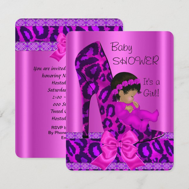 Rosa Leopard (African American Girl Baby Shower) Inbjudningar (Fram/baksida)