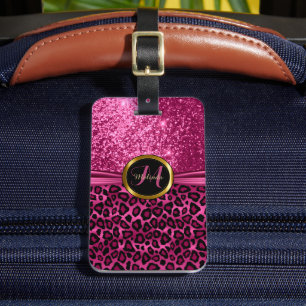 Rosa Leopard Animal Skin and Glitter - Monogram Bagagebricka