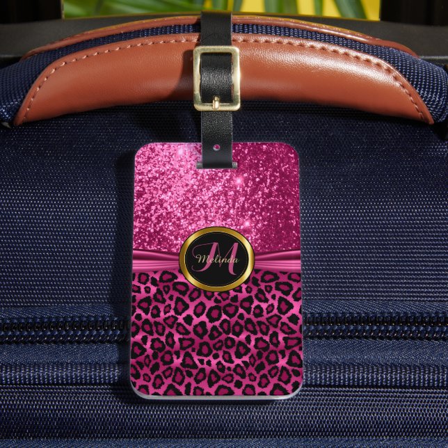 Rosa Leopard Animal Skin and Glitter - Monogram Bagagebricka (Framsida Insitu 2)