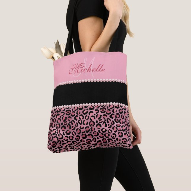 Rosa Leopard Black and Rosa Monogrammed Tote Bag Tygkasse (Närbild)