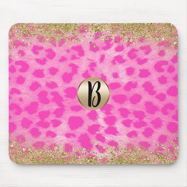 Rosa Leopard Cheetah Animal Guld Glitter Monogram Musmatta (Framsidan)